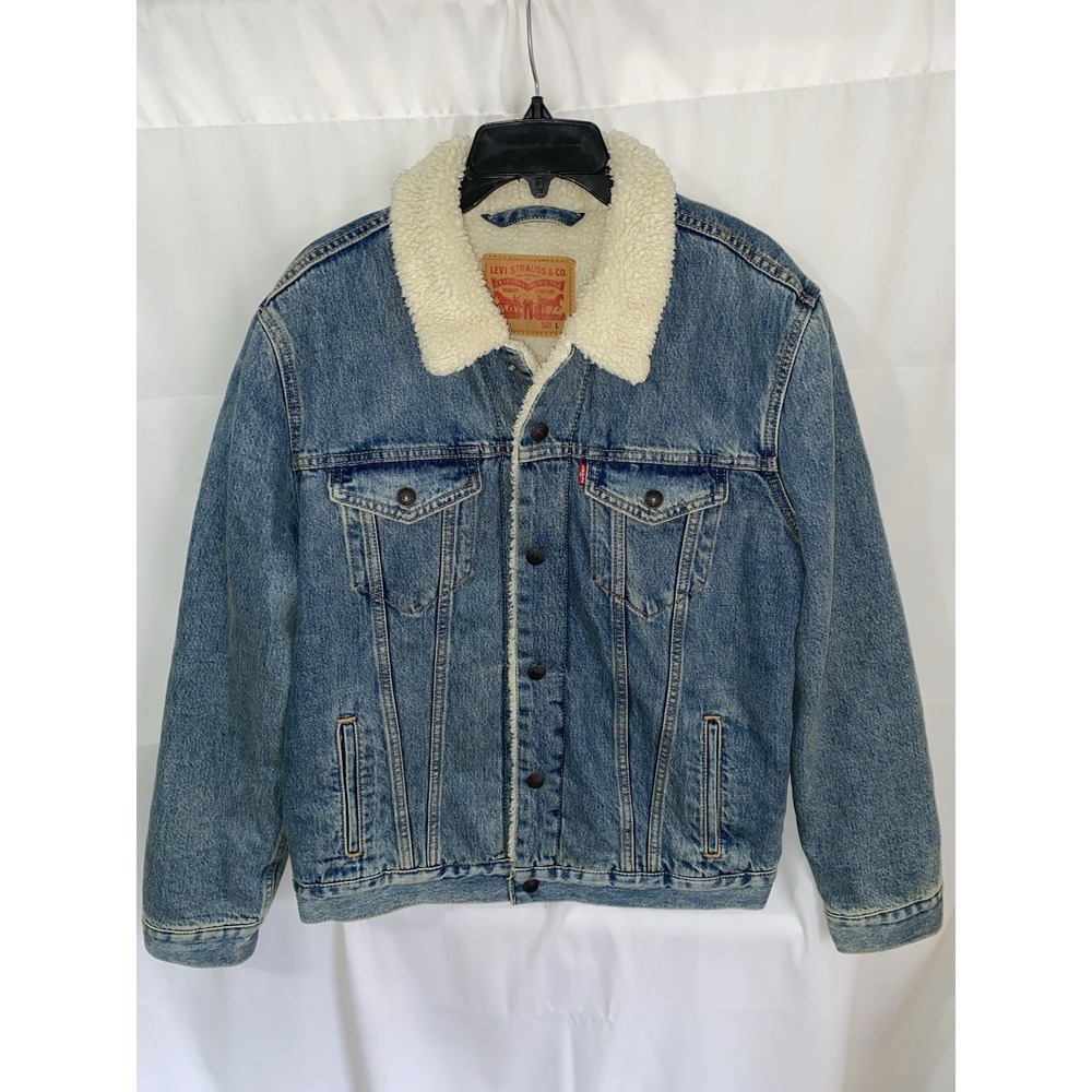 Levi Strauss‎ Mens L Trucker Jacket PC9-16365-0044 Sherpa Lined Denim Jean Coat